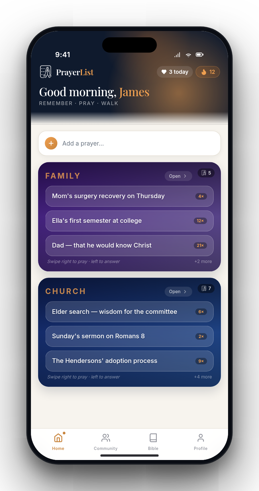 PrayerList home screen showing prayer lists